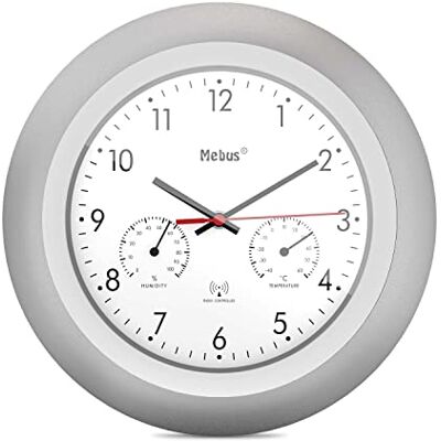 Mebus Funk-Wanduhr mit Thermometer und Hygrometer/silberner Rahmen/weißes Zifferblatt / 29cm Durchmesser/Rund/Modell: / Farbe: Silber, Weiß Mebus Funk-Wanduhr mit Thermometer und Hygrometer/silberner Rahmen/weißes Zifferblatt / 29cm Durchmesser/Rund/Modell: / Farbe: Silber, Weiß
