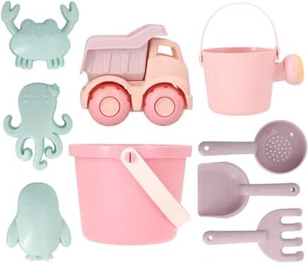 Monnëka Set di giocattoli da spiaggia Gloss   Kit di gioco di sabbia per bambini, 6 pezzi, compreso secchio, pala, rastello, colino, annaffiatoio e camion   Sicurezza e divertimento perfetto per tutti