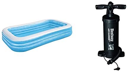 Bestway 54009-2 Piscinetta Gonfiabile Family a 3 Anelli, 6 Anni+ & 62086 Pompa Alta Pressione Multifunzioni Gonfia/Sgonfia Volume 2.800 Cc, 4 Adattatori per Valvola, Plastica