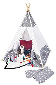 PINOLINO Teepee Tenda in tessuto Jakara con finestra, tappetino e borsa portaoggetti per bambini, 3 anni, tessuto con motivo asterisco