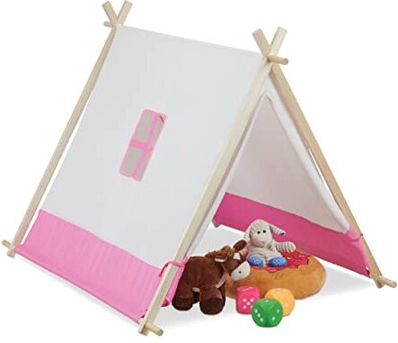 Relaxdays Tenda per Bambini da Gioco, Capanna Indiana con Tappetino, Interni e Esterni, HLP 92x120x86 cm, Bianco Rosa