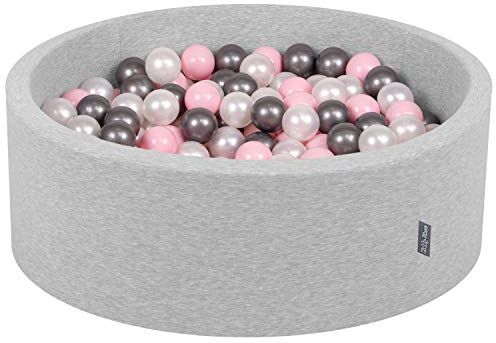 KiddyMoon 90X30cm/300 Palline ∅ 7CM Piscina di Palline Colorate per Bambini Tondo Fabbricato in EU, Grigio Ch:Perla/Rosa Ch/Argento