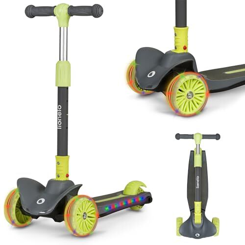 lionelo Timmy Monopattino per bambini da 3 anni fino a 50 kg, monopattino a tre ruote con regolazione in altezza, piattaforma antiscivolo, freno, ruote e piattaforma LED (TIMMY, Verde)