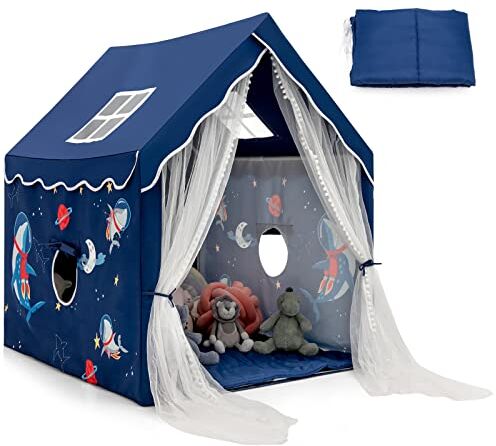 COSTWAY Tenda da gioco per Bambini, Casetta per Bambini da Interno con Tappetino Imbottito Rimovibile, Ideale per Bambini e Bambine, 105 x 121 x 137 cm (Blu)