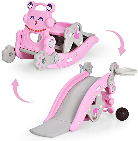 COSTWAY 4 in 1 Cavallo a Dondolo Scivolo per Bambini, con Canestro e Lancio di Anelli, Età 1-5 Anni, Capacità di Carico 60kg, per Interno ed Esterno (Rosa)