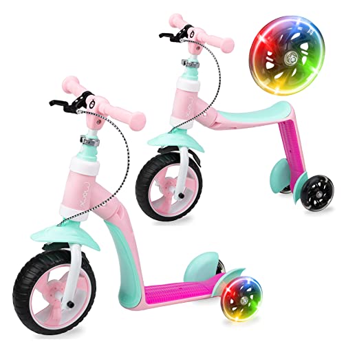 Momi ELIOS 2-in bici senza pedali e monopattino a 3 ruote con ruote in PU, per bambini a partire da 2 anni e fino a 25 kg, le ruote a LED si illuminano durante la pedalata