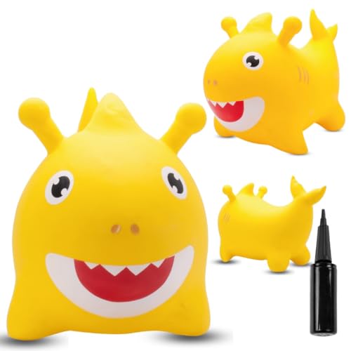 Sun Animale gonfiabile che salta, giocattolo di 1 anno, saltarello per bambini, design ergonomico, cavallo giocattolo, pompa manuale inclusa (Squalo giallo)
