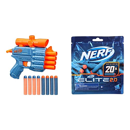 Hasbro Nerf Elite 2.0, blaster Prospect QS-4, 8 dardi originali Nerf Elite, blaster a 4 dardi, mirino telescopico fisso & Confezione ricarica 20 dardi Nerf Elite 2.0-20 dardi Nerf Elite 2.0 ufficiali