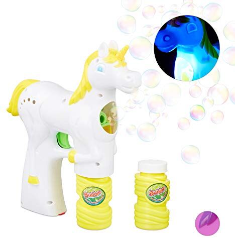 Relaxdays - Pistola Sparabolle a Forma di Unicorno, a LED, a Batteria, 2 Liquidi per Bolle per Bimbi e Adulti, Bianco, Colore,