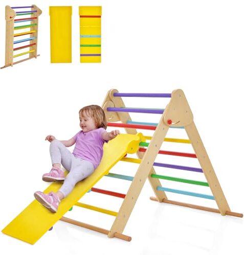 COSTWAY 3 in 1 Triangolo Arrampicata per Bambini, Set Arrampicata Pieghevole con Rampa Regolabile e Reversibile, Pioli Colorati, Arrampicatore per 1 Anno+ (Stile 2 Colorato)