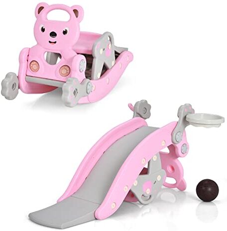 COSTWAY 4 in 1 Cavallo a Dondolo Scivolo per Bambini, con Canestro e Lancio di Anelli, Età 1-5 Anni, Capacità di Carico 60kg, per Interno ed Esterno (Orso Rosa)