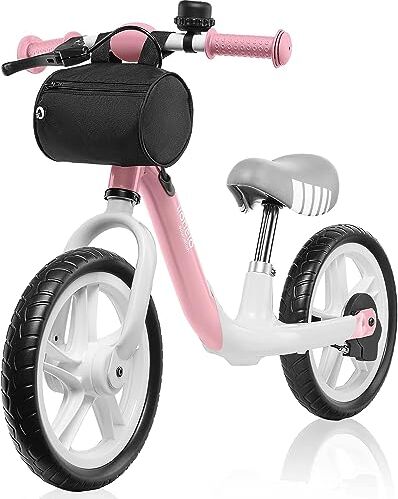 lionelo Arie Bici Senza Pedali per Bambini da 3 Anni a 30kg Leggera e Resistente Ruote in Schiuma Eva 12 Pollici Manubrio e Sella Regolabili Blocco dello sterzo Freno a Mano Campanello (Arie, Rosa)