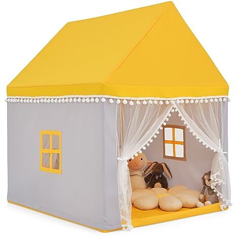 COSTWAY Tenda da Gioco Casetta per Bambini, Castello Giocattolo in Legno Cotone, con Struttura Stabile e Finestre Traspirabili, 105x120x140 cm (Giallo)