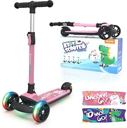 besrey Monopattino Bambina da 2-10 anni con Ruote LED Multicolore, Monopattino 3 Ruote Bambina Pieghevole, Regolabile in 4 Altezze, Unicorno rosa