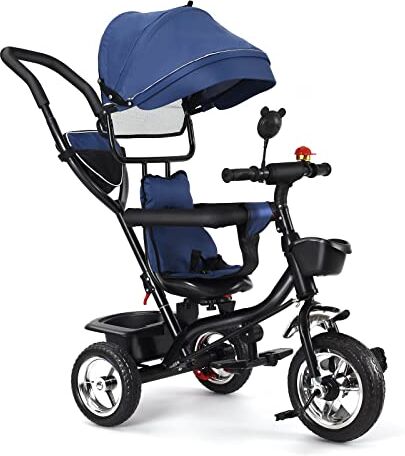 Kedia Triciclo 4 in 1, Bici, Passeggino con Maniglione, Pieghevole, Accessori, per Bambini da 9 Mesi fino a 5 Anni, 106x75x46cm (Blu)