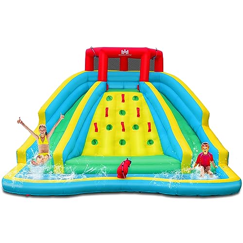 COSTWAY Castello Gonfiabile per Bambini, Parco Acquatico Gonfiabile con 2 Scivoli, Piscina, Parete di Arrampicata, Cannone, Borsa di Trasporto e Kit di Riparazione, 452x362x228 cm (Senza Soffiatore)