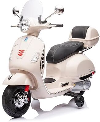 Mondial Toys Moto Elettrica Scooter per Bambini Vespa GTS Super Piaggio 12V con Sedile in Pelle Bauletto MP3 Luci a Led Full Optional (Bianco)