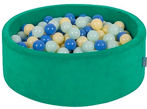 KiddyMoon Velluto Piscina di Palline 90X30cm/300 Palline ∅ 7CM per Bambini Tondo Fabbricato in EU, Verde Agave: Giallo Pastello/Blu/Menta