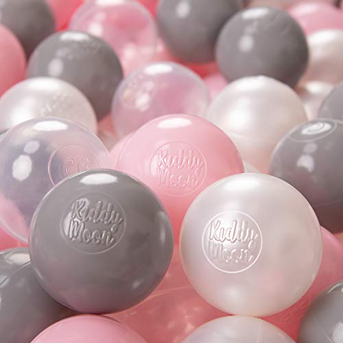 KiddyMoon 100 ∅ 6CM Palline Morbide Colorate per Piscina Bambini Fatto in EU, Perla/Grigio/Trasparente/Rosa Chiaro