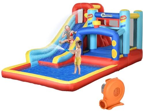 Outsunny Castello Gonfiabile per Bambini con Scivolo, Trampolino e Piscina Età 3-8 Anni, Gonfiatore Incluso, 435x245x200cm