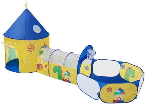 SONGMICS Tenda da Gioco 3 in 1, Tenda Pop Up per Bambini, con Casetta Tunnel e Piscina di Palline, a Tema di Spazio e Dinosauro, Idea Regalo per Compleanno, Giallo e Blu