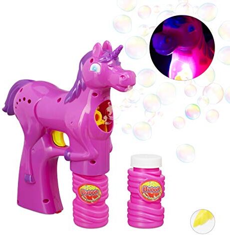 Relaxdays - Pistola Sparabolle a Forma di Unicorno, a LED, a Batteria, 2 Liquidi per Bolle per Bimbi e Adulti, Fucsia, Colore,