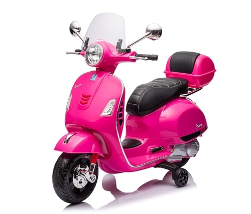 Mondial Toys Moto Elettrica Scooter per Bambini Vespa GTS Super Piaggio 12V con Sedile in Pelle Bauletto MP3 Luci a Led Full Optional (Rosa)