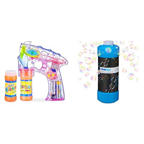 Relaxdays - Pistola Sparabolle a LED, a Batteria, 2X Liquido per Bolle & Flaconcino per Liquido per Bolle di Sapone, Flacone da 1 L da Riempire, per Macchine Sparabolle, Colori Assortiti