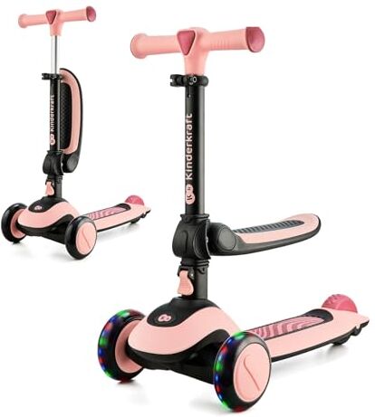 kk Kinderkraft Kinderkraft HALLEY Monopattino Bambino, Triciclo bambini 1 anno, con 3 Ruote LED, Pieghevole, Manubrio regolabile in altezza, per Bambini 3-13 Anni, Carico Massimo 50 kg, Rosa