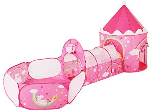 SONGMICS Tenda da Gioco 3 in 1, Tenda Pop Up per Bambini, con Casetta Tunnel e Piscina di Palline, a Tema Unicorno, Idea Regalo per Compleanno, Rosa