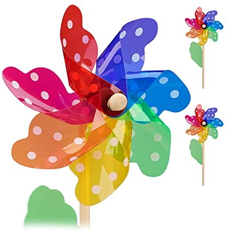 Relaxdays Girandole a Vento, Set da 2, Decorazione a Pois, Gioco per Bambini, Mulino per Balcone, Legno/PP, Multicolore