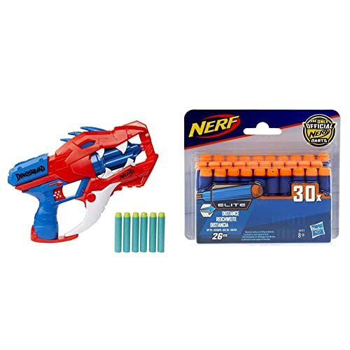 Hasbro Nerf DinoSquad, blaster lancia-dardi Raptor-Slash, tamburo rotante da 6 dardi, raffica di colpi, 6 dardi Nerf, design dinosauro velociraptor & Nerf Elite Ricarica da 30 dardi