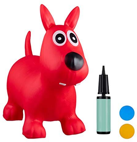 Relaxdays Animale Cavalcabile Cagnolino, Giochi Gonfiabili per Bambini, BPA-free, Fino a 50 kg, Pompa Inclusa, Rosso