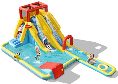 COSTWAY Castello Gonfiabile 8 in 1 per Bambini, Parco Acquatico con 2 Scivoli, Parete di Arrampicata, Area Basket e Palla, Borsa di Trasporto e Kit Riparazione, 622 x 335 x 225 cm (Senza soffiatore)