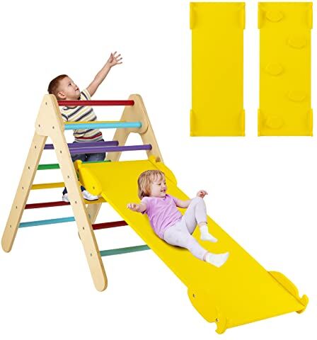 COSTWAY 3 in 1 Arrampicata Giocattolo a Triangolo per Bambini, Set di Arrampicata con Rampa di Scivolo a 2 Lati e Inclinazione Regolabile, Arrampicatore per Bambini 1 Anno+ (Colorato)