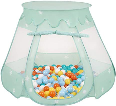 SELONIS Tenda 105X90cm/100 Palline Castello Con Palline Colorate Per Bambini, Menta:Bianco/Giallo/Arancione/Babyblue/Turchese