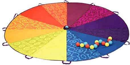 B. toys Paracadute con Palline per bambini Paracadute da gioco con 15 palline colorate 12 maniglie Tenda a vento da 244 cm Giochi all'aperto Arcobaleno Paracadute Woo-Hue! 3 anni +