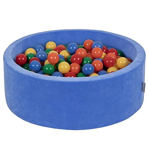 KiddyMoon Velluto Piscina di Palline 90X30cm/200 Palline ∅ 7CM per Bambini Tondo Fabbricato in EU, Blu Mirtillo: Giallo/Verde/Blu/Rosso/Arancione