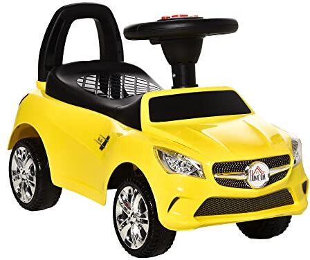 HOMCOM Macchina Giocattolo per Bambini Cavalcabile con Volante, Musiche e Fari, Età 18-36 Mesi, 63.5x28x36cm, Giallo