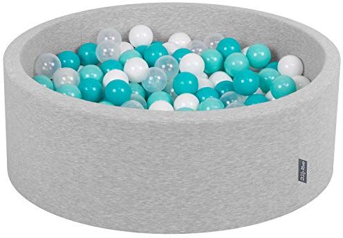 KiddyMoon 90X30cm/200 Palline ∅ 7CM Piscina di Palline Colorate per Bambini Tondo Fabbricato in EU, Grigio Ch:Turchese Ch/Bianco/Trasparente/Turchese