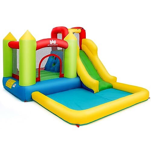 COSTWAY Castello Gonfiabile Parco Acquatico Gonfiabile, con Scivolo Muro Arrampica Trampolino e Piscina, con Borsa di Trasporto, per 3 Bambini di 3-10 Anni (Senza soffiatore)