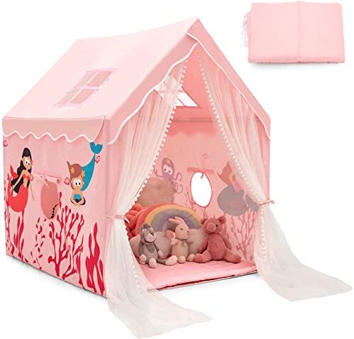 COSTWAY Tenda da gioco per Bambini, Casetta per Bambini da Interno con Tappetino Imbottito Rimovibile, Ideale per Bambini e Bambine, 105 x 121 x 137 cm (Rosa)