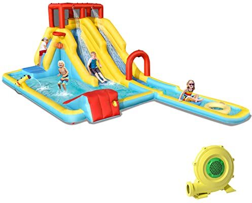 COSTWAY Castello Gonfiabile 8 in 1 per Bambini, Parco Acquatico con 2 Scivoli, Parete di Arrampicata, Area Basket e Palla, Borsa di Trasporto e Kit Riparazione, 622 x 335 x 225 cm (Con soffiatore)