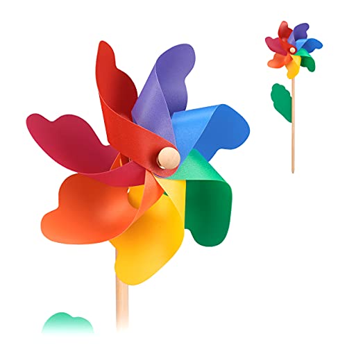 Relaxdays Girandole a Vento, Set da 2, Decorazione Giardino, Gioco per Bambini, Mulino per Balcone, Legno, Multicolore