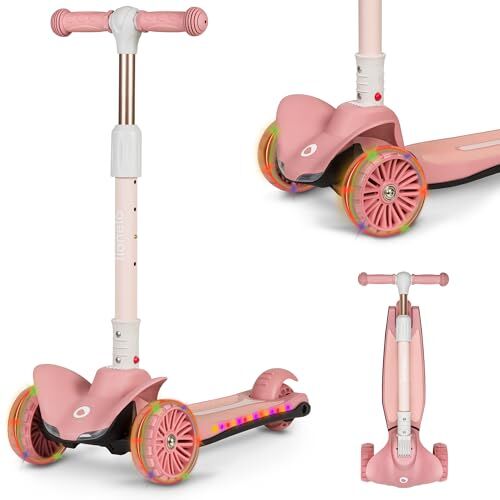 lionelo Timmy Monopattino per bambini da 3 anni fino a 50 kg, monopattino a tre ruote con regolazione in altezza, piattaforma antiscivolo, freno, ruote e piattaforma LED (TIMMY, Rosa)