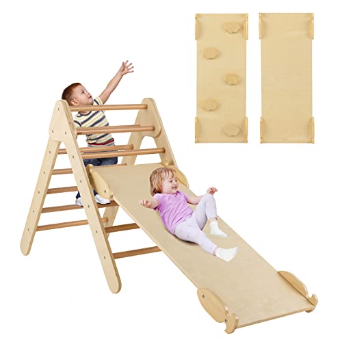 COSTWAY 3 in 1 Arrampicata Giocattolo a Triangolo per Bambini, Set di Arrampicata con Rampa di Scivolo a 2 Lati e Inclinazione Regolabile, Arrampicatore per Bambini 1 Anno+ (Naturale)