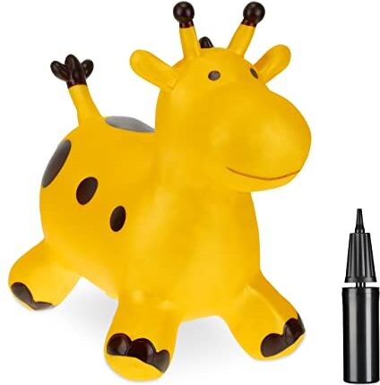 Relaxdays Giraffa Gonfiabile per Bambini, Animale Saltellante, Fino a 50 kg, BPA-Free, con Pompa Manuale, Giallo Marrone, 100% plastica