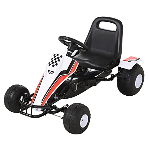 HOMCOM Go-Kart a Pedali Bianco per Bambini 3-8 Anni con Sedile Regolabile, Ruote in Plastica, Freno a Mano e Cambio