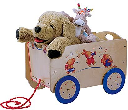 Dida Carretto trainabile bambini   Porta Giochi con ruote 49x28x32 cm   Porta giochi per bambini Montessori giochi in legno   Decoro animali musicisti.