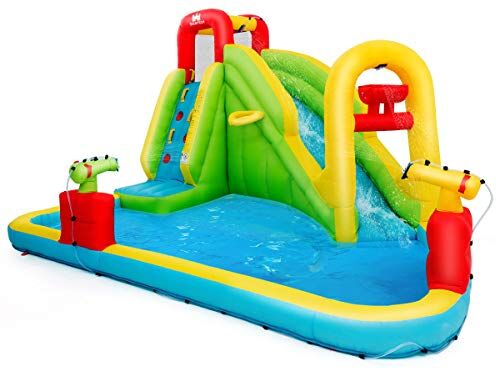 COSTWAY Castello Gonfiabile Per Bambini, Con Scivolo, Parete per Arrampicarsi e Piscina, Ideale Per 3 Bambini 3-10 Anni, Con Borsa di Trasporto e Kit di Riparazione